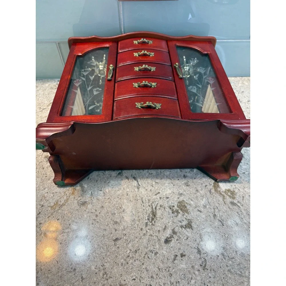 Vintage Wooden Jewelry Armoire Cherry Finish Etched Glass 5 Drawers Mirror Box